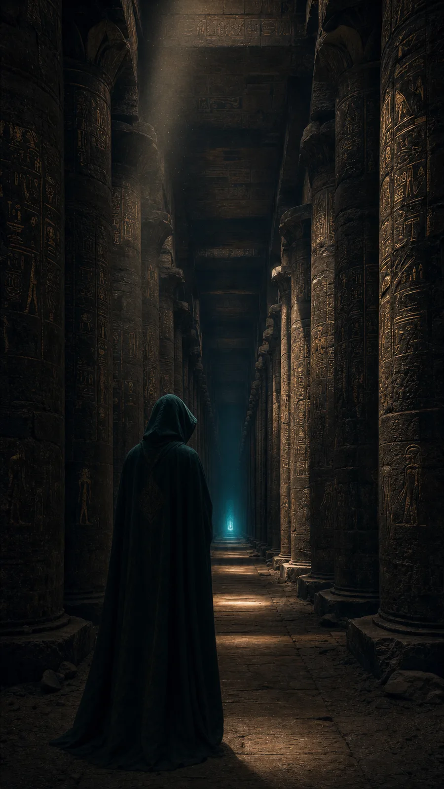 A hooded apprentice stands motionless in a stone temple corridor, facing a distant cyan light.
