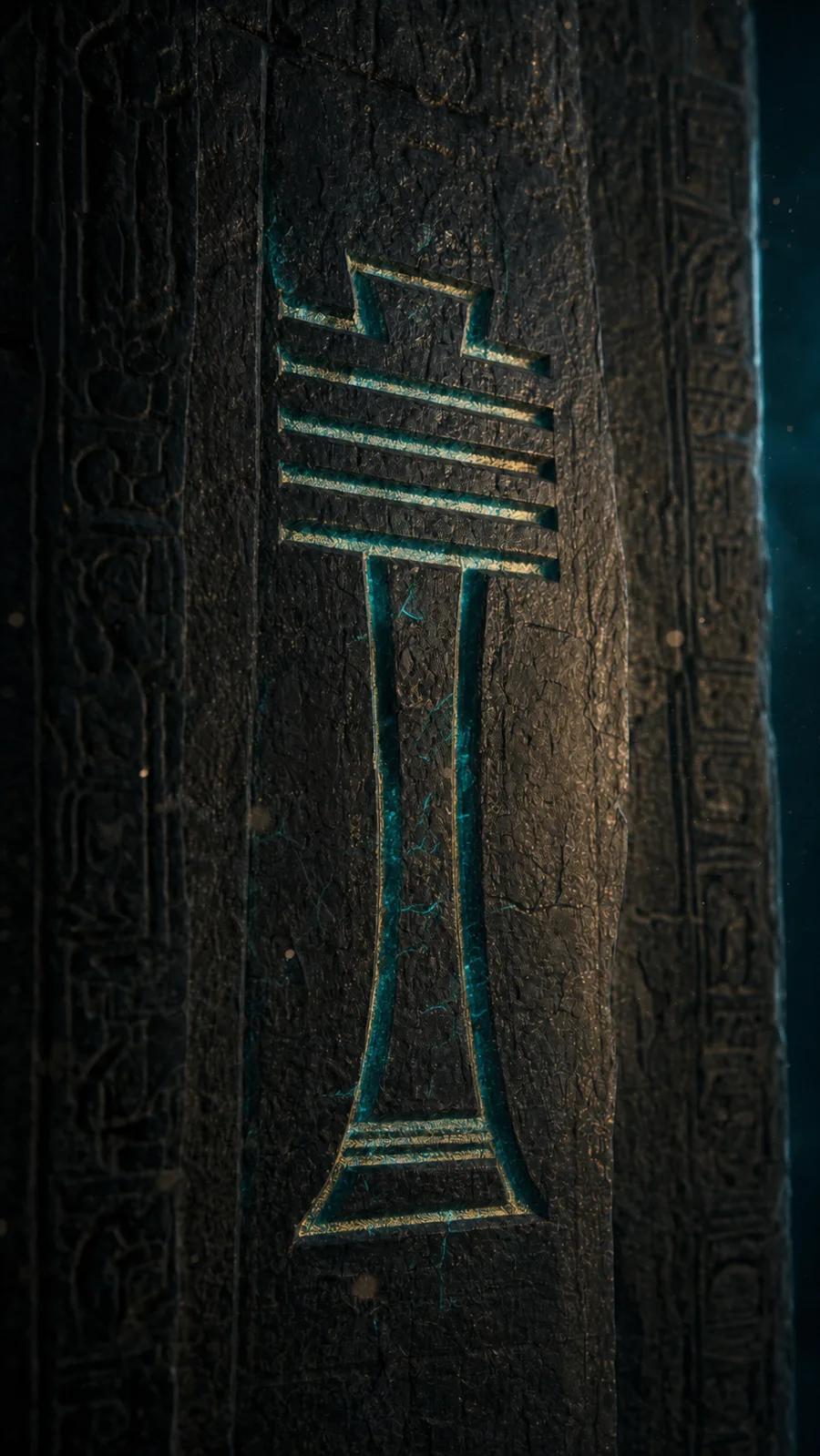 A close-up of a carved Djed pillar symbol glowing with cyan light through gold-inlaid cracks.
