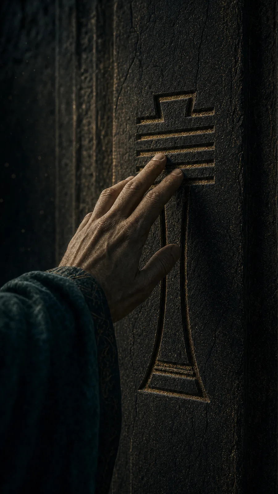 A cloaked hand traces the carved grooves of a Djed pillar symbol on a temple wall.