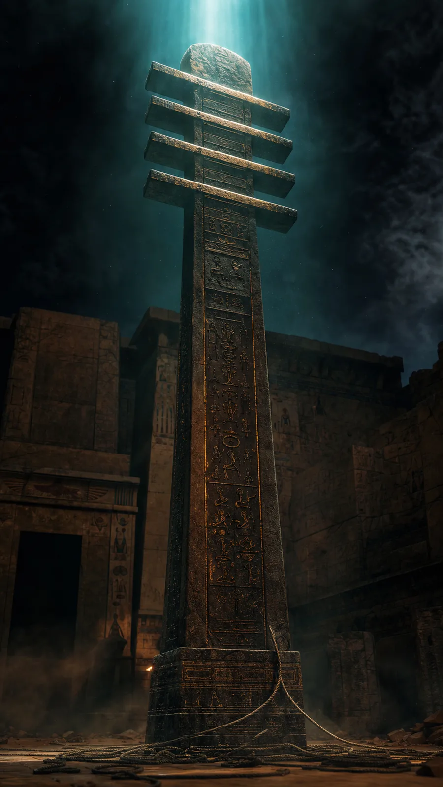 A towering ancient Djed pillar stands upright at night, lit by a single cyan-teal beam of light from above.