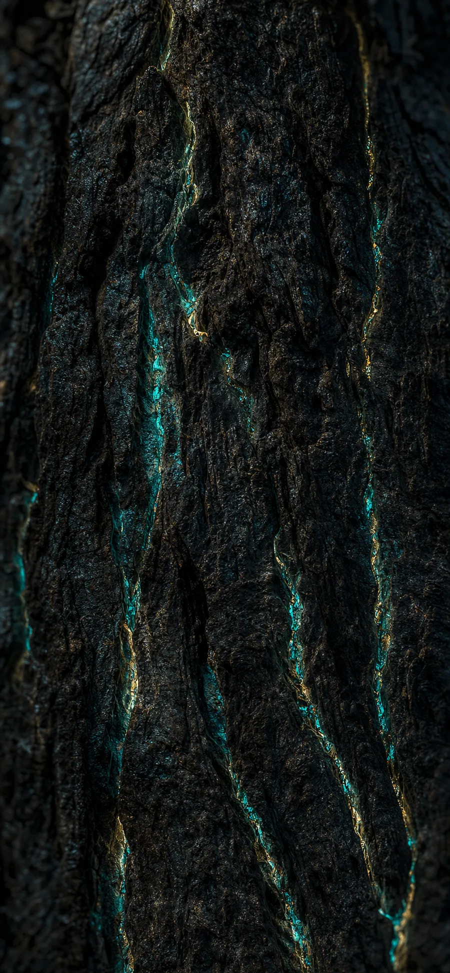 Extreme close-up of dark, cracked tree bark with faint cyan-teal light glowing through the fissures.
